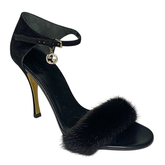 Gucci Black Mink Fur Ankle Strap Sandals GG Crystal Charm Heels Women's US 7.5 - Picture 1 of 12